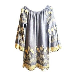 Coastal Cowgirl Boho Embroidered Fringe Tunic Dress Small Bell Sleeve Peasant
